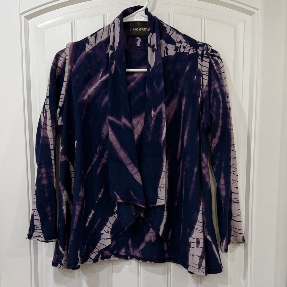 NWOT Monrow Dark Purple and White Tie-Dye Open Front Cardigan